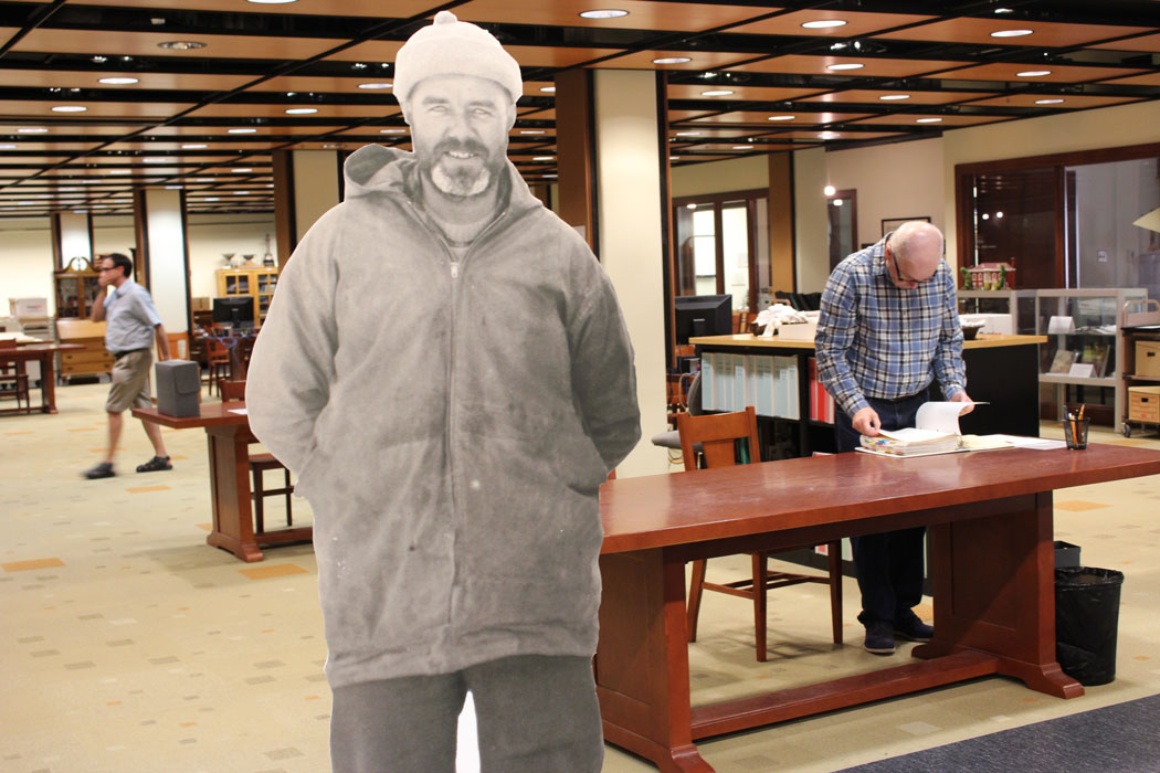 A cutout of Andrew Taylor in Archives and Special Collections.