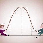 Cartoon versions of mayoral candidates play tug-of-war on a rope that is shaped like a bell curve