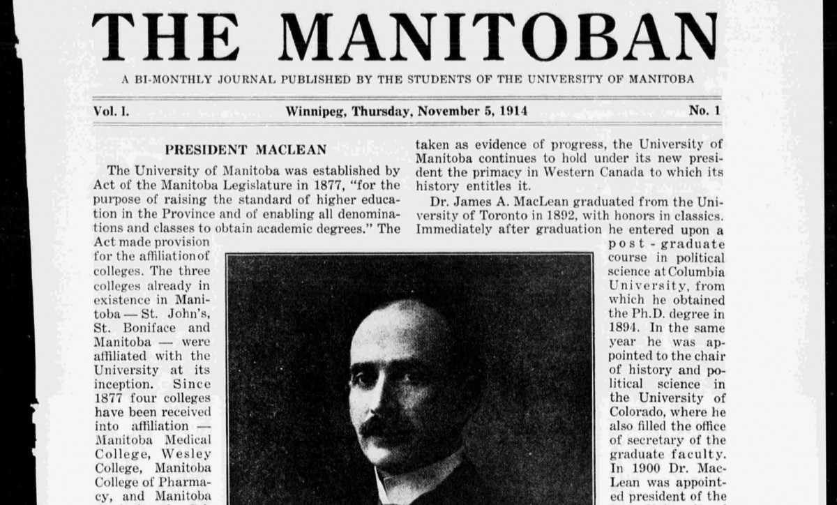 Cover of the first Manitoban student newspaper, published on NOv. 5 in 1914