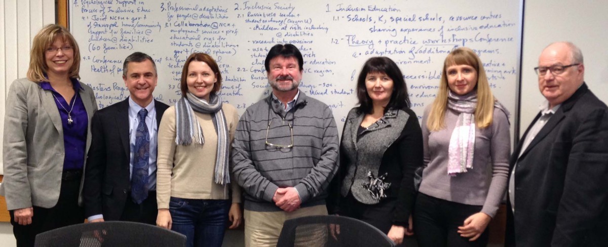 From left to right, Rhonda Friesen, Manager, International Office, David Mandzuk, Dean of Education, Dr. Elena Evmenenko, NCFU, Rick Freeze, Professor of Inclusive Education, Dr. Olga Simen-Severckay, NCFU, Dr. Natalia Borozinets, Dean of the Faculty of Education at NCFU and Don Fuchs, Professor of Social Work.