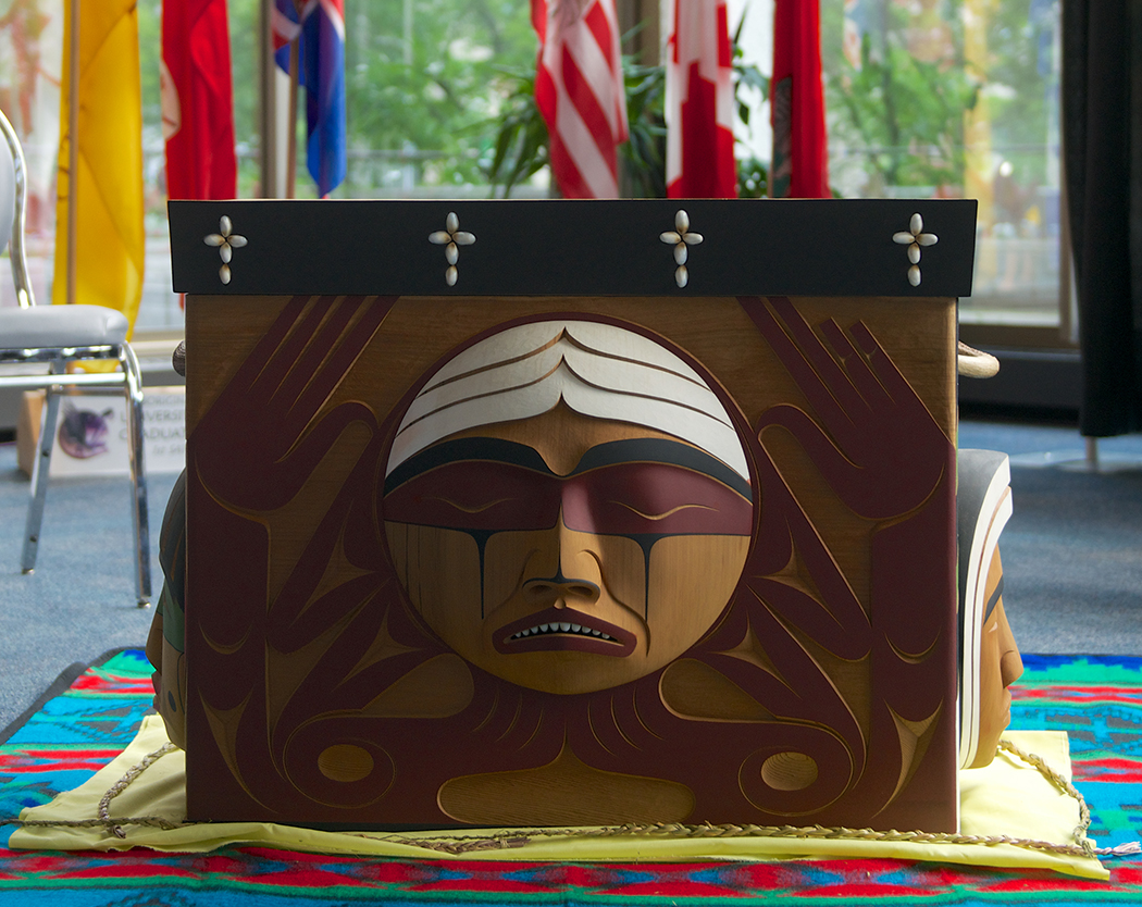 Carved by Coast Salish artist Luke Marston, the TRC Bentwood Box is a lasting tribute to all Indian Residential School Survivors. The box travelled with the TRC to all of its official events. // Photo by Adam Dolman