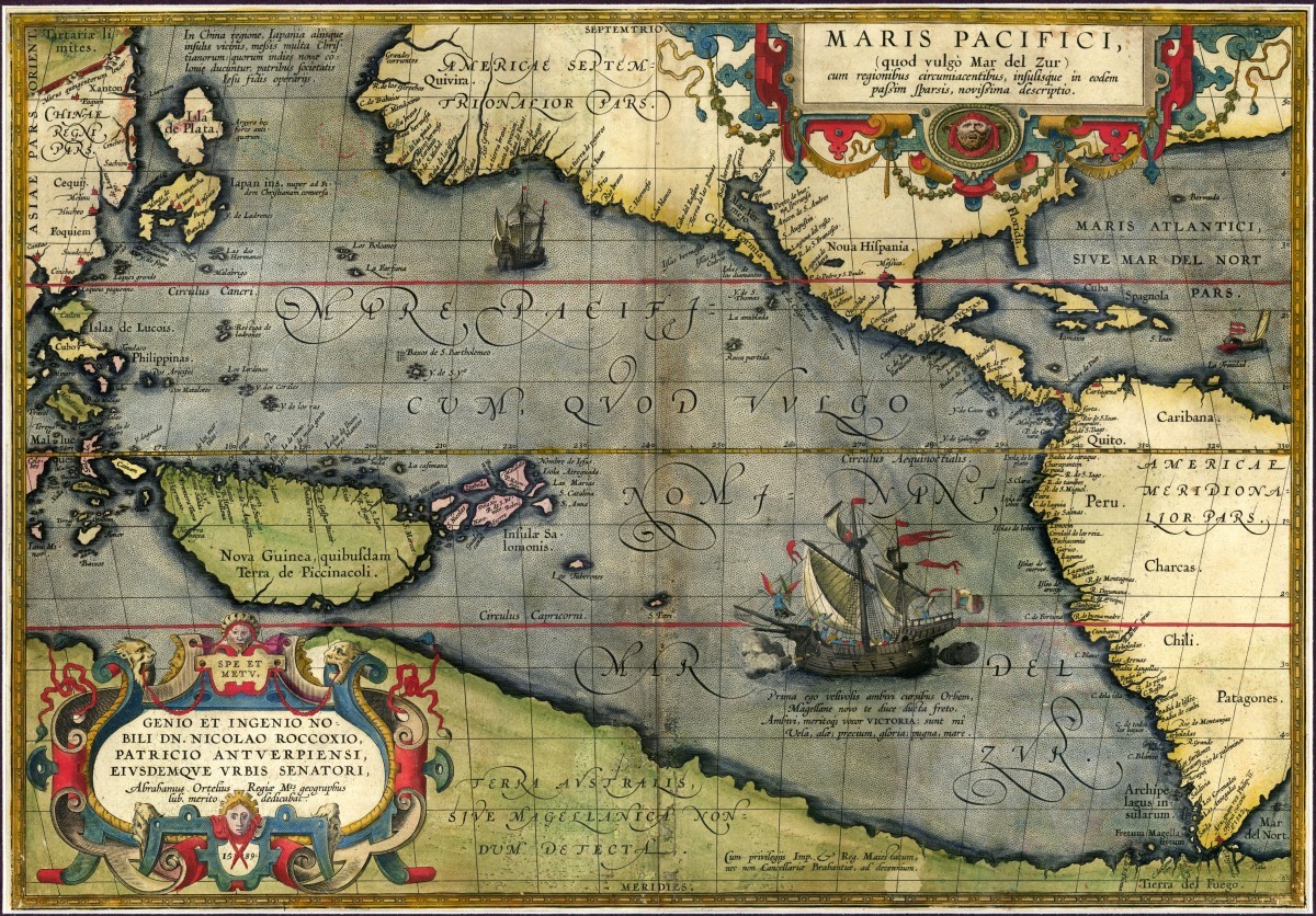 Pacific Ocean 1589 by Abraham Ortelius. // Perry-Castañeda Library (PCL) Map Collection, Public Domain