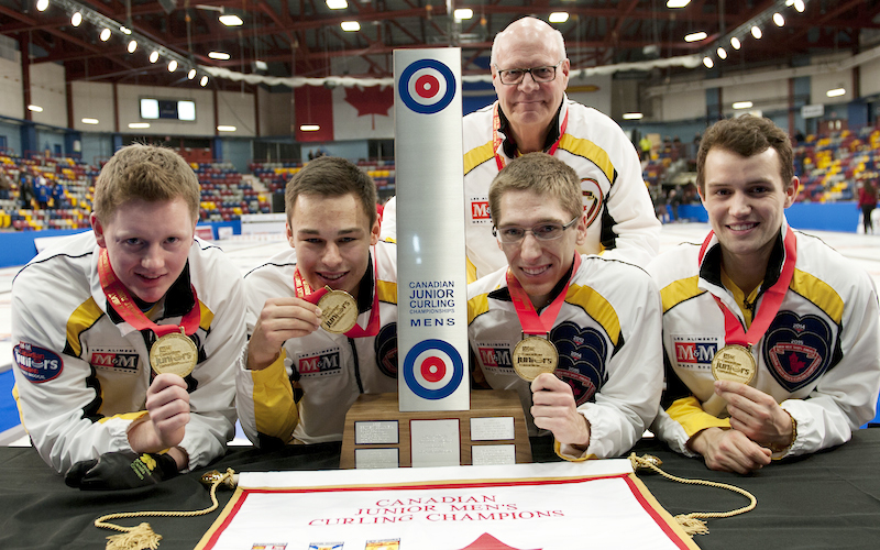 Team Manitoba, 2015 M&M Meat Shops Canadian Juniors gold-medallists, from left, skip Braden Calvert, third Kyle Kurz, second Lucas Van Den Bosch, lead Brendan Wilson. Top, coach Tom Clasper. (Photo, CCA/Michael Burns)