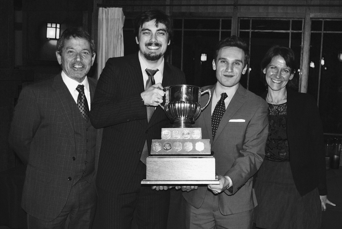 Western Moot 2015 - MacIntyre (Western) Cup | February 6-7, 2015 | Left to right: The Honourable Justice Richard Saull, Zachary Courtemanche, Anthony Foderaro and Judy Kliewer