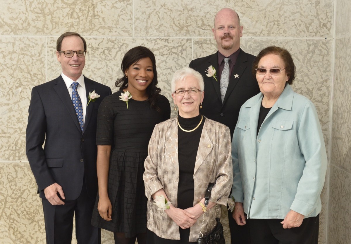 2015 DISTINGUISHED ALUMNI AWARD RECIPIENTS, FROM LEFT, NICK LOGAN, TITO DAODU, JULIETTE (ARCHIE) COOPER, WAYNE DAVIES AND MARION MEADMORE // PHOTO BY IAN MCCAUSLAND