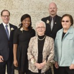 2015 DISTINGUISHED ALUMNI AWARD RECIPIENTS, FROM LEFT, NICK LOGAN, TITO DAODU, JULIETTE (ARCHIE) COOPER, WAYNE DAVIES AND MARION MEADMORE // PHOTO BY IAN MCCAUSLAND