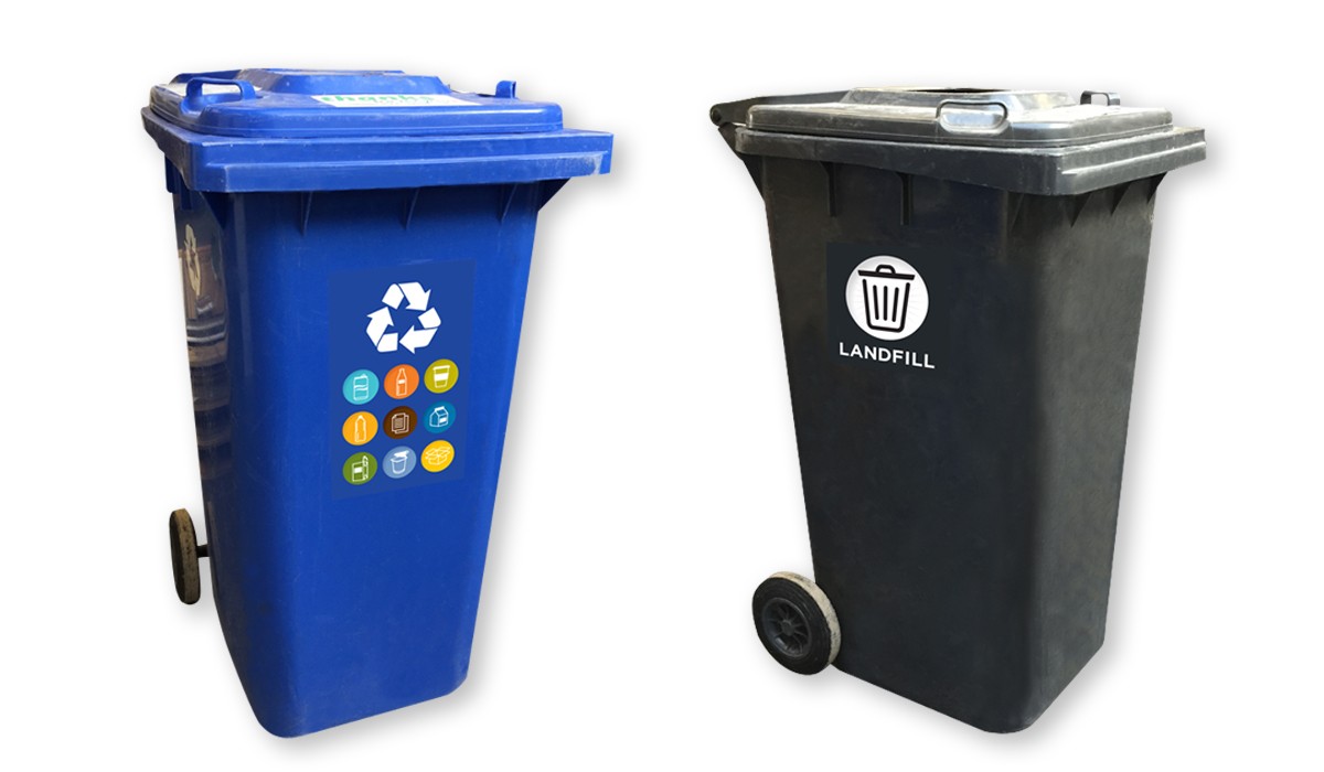 New labels for recycline and trash bins