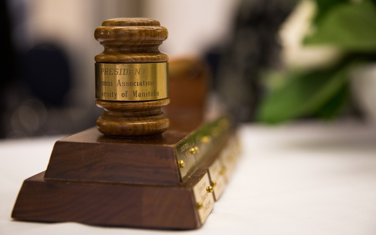 The Alumni Association gavel is passed to the incoming president at the beginning of his or her term to symbolically represent the association's elected leader