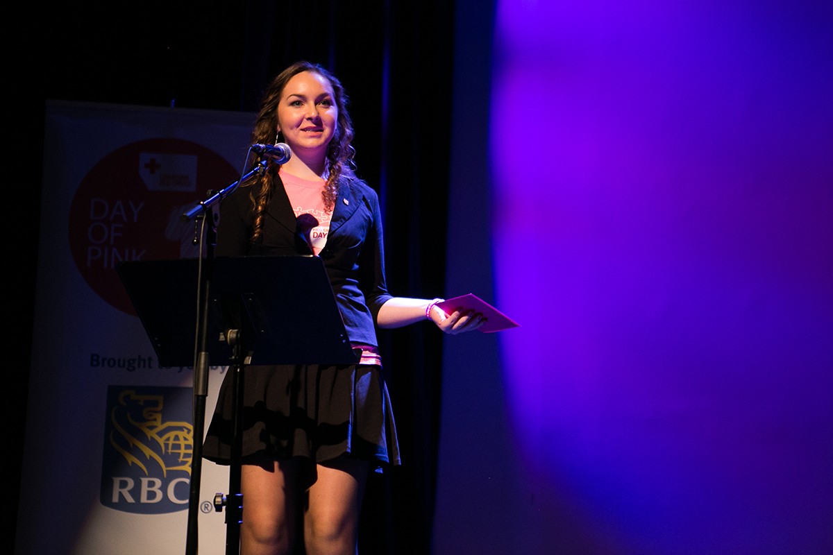 Rhianna Holter-Ferguson speaking at the Day of Pink // Photo courtesy of the Canadian Red Cross