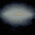 the median edge-on spiral galaxy at radio telescope frequencies around 1.5 ghz (l-band), made from stacking 30 CHANG-ES observations of galaxies. This image shows that the typical spiral galaxy is surrounded by a substantial halo of radio continuum emitting matter