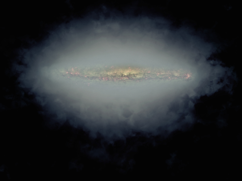 the median edge-on spiral galaxy at radio telescope frequencies around 1.5 ghz (l-band), made from stacking 30 CHANG-ES observations of galaxies. This image shows that the typical spiral galaxy is surrounded by a substantial halo of radio continuum emitting matter