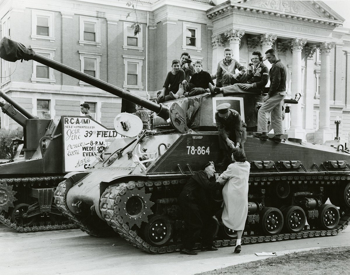 Tank parked outside the Admin building at the U of M