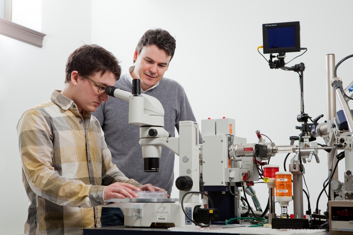 PhD student Ben Bailey-Elkin locates a protein crystal under the microscope