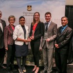 (L-R) President and Vice-Chancellor David T. Barnard, Provost and Vice-President (Academic) Joanne Keselman, Second Place winner Anjali Bhagirath, First Place winner Karlee Dyck, People’s Choice winner Paul White, Vice-President (Research and International) Digvir S. Jayas and Vice-Provost (Graduate Education) & Dean, Faculty of Graduate Studies, Jay Doering at the Feb. 25, 2016 3MT® final. (Photo by Mike Latschislaw)