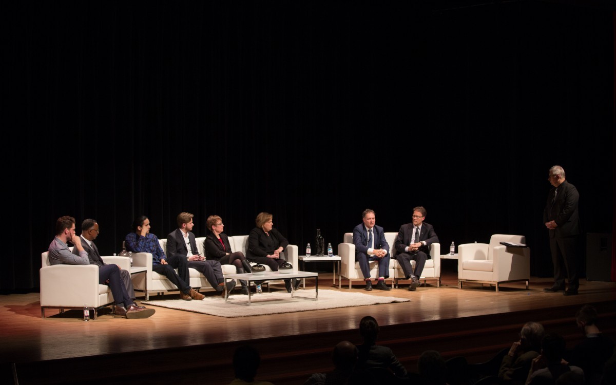 Visionary Conversations in the Community – Has Manitoba put the right value on post-secondary education? // From left to right Michael Barkman, Gervan Fearon, Kevin Settee, Jeremiah Kopp, Annette Trimbee, Heather Tulk, Alex Usher, Paul Vogt, David Barnard