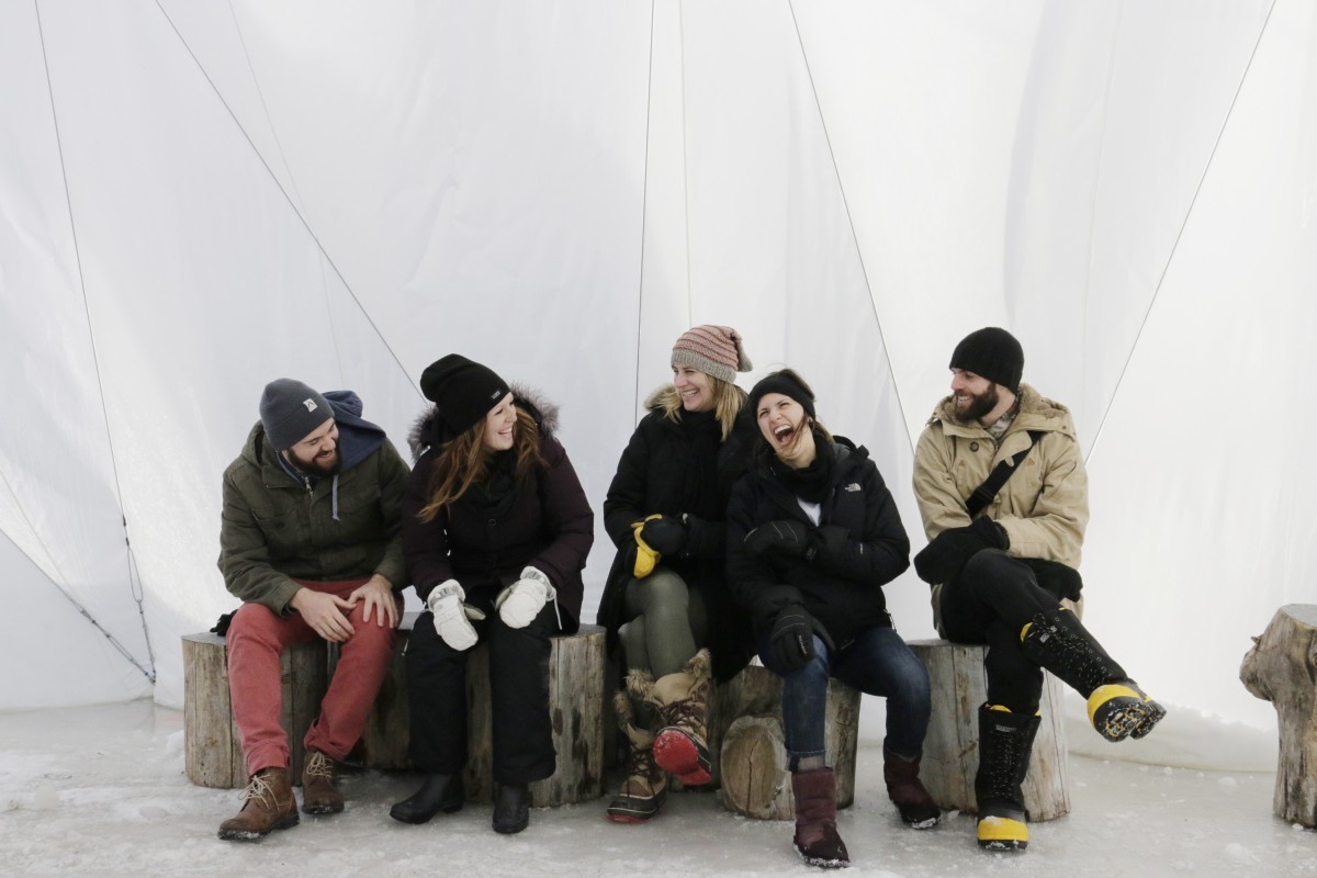 Faculty of Architecture students inside their warming hut, Fabrigami // Photo by Jack Rach