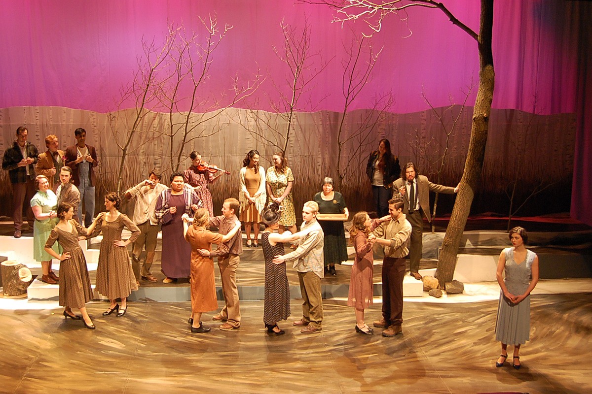 The cast of Doubtful House rehearses a scene at the John J. Conklin Theatre.
