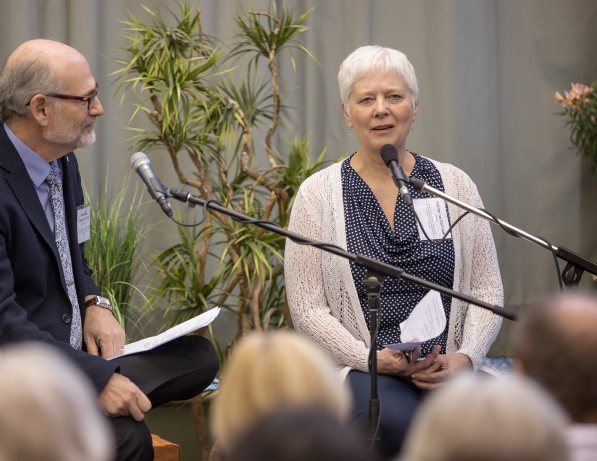 Katherine Cullihall and Harvey Chochinov speaking at a panel discussion on palliative care