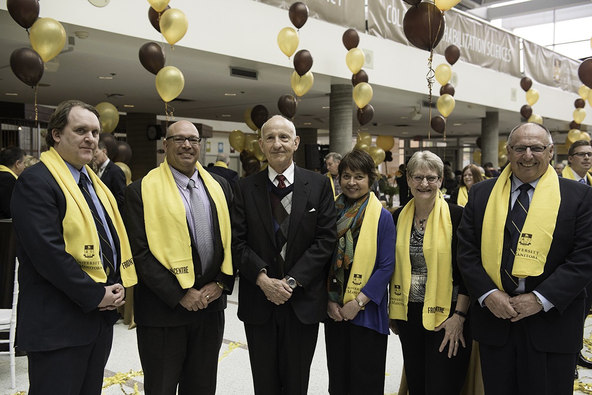 (Far right) Brian Postl, dean, Rady Faculty of Health Sciences & vice-provost (Health Sciences). From left, Dr. Neal Davies, dean of the College of Pharmacy, Dr. Tony Iacopino, dean of the College of Dentistry, Dr. Ernest Rady, Dr. Beverly O'Connell, dean of the College of Nursing, Acting Dean of the College of Rehabilitation Sciences Donna Collins. // Photo by David Lipnowski