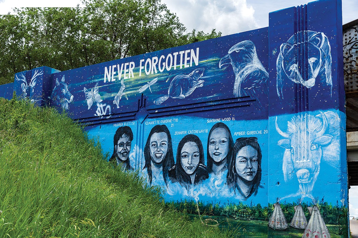 ural artist Tom Andrich's public art in honour of MMIW, located on the Portage Ave. and Empress St. overpass in Winnipeg.