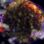 Figure 1 Tycho’s supernova remnant in a molecular cloud bubble. Grey: molecular gas traced by carbon monoxide emission observed with IRAM 30m telescope (credit: P. Zhou); color: X-ray emission observed with the Chandra X-ray Observatory (credit: NASA/CXC/Rutgers/J.Warren & J.Hughes et al.)