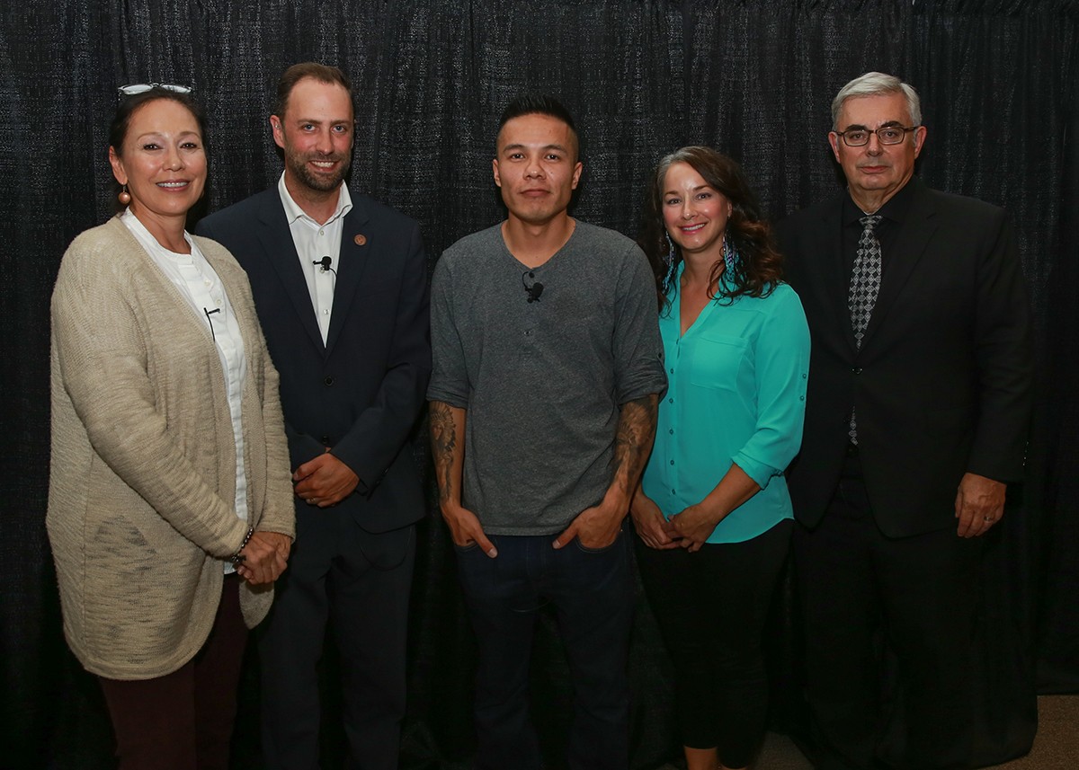 The 2016 season of Visionary Conversations launched with a panel discussion on Reconciliation. (Left to right: Tina Keeper, Ry Moran, Lenard Monkman, Nahanni Fontaine, moderated by President David Barnard)