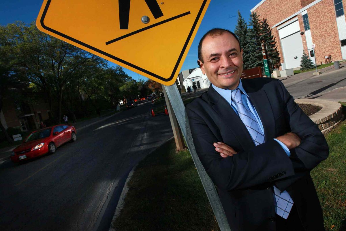 Dr. Ahmed Shalaby poses outside the faculty of Engineering at U of M Friday. See Dan Lett's tale re: highways. October 2, 2015 - (PHIL HOSSACK / WINNIPEG FREE PRESS)