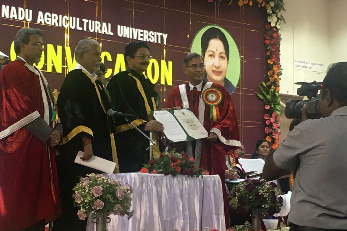 (At right in right) U of M Vice-President (Research and International) received an honorary degree from Tamil Nadu Agricultural University in India on Oct. 15, 2016.