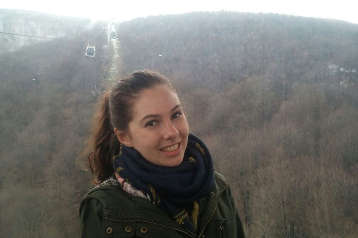 U of M student Lorelle Juffs in a cable car heading up Uludağ mountain in Turkey.