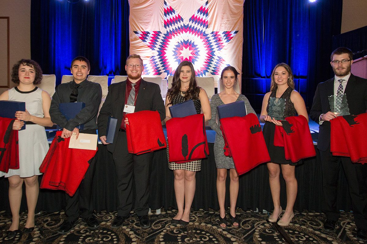 (Left – right) Julie Desrochers, Kyle Monkman, Alex Hosfield, April Wilson, Emma Gillespie, Kailey Atkinson, Christian Toupin at the Manitoba Aboriginal Youth Achievement Awards.