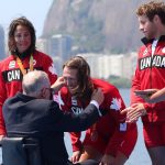 Victoria Nolan, Meghan Montgomery, Andrew Todd, Curtis Halladay and Kirsten Kit win bronze in the LTA mixed coxed four at the Lagoa Stadium at the 2016 Paralympic Games in Rio. Photo Scott Grant/Canadian Paralympic Committee
