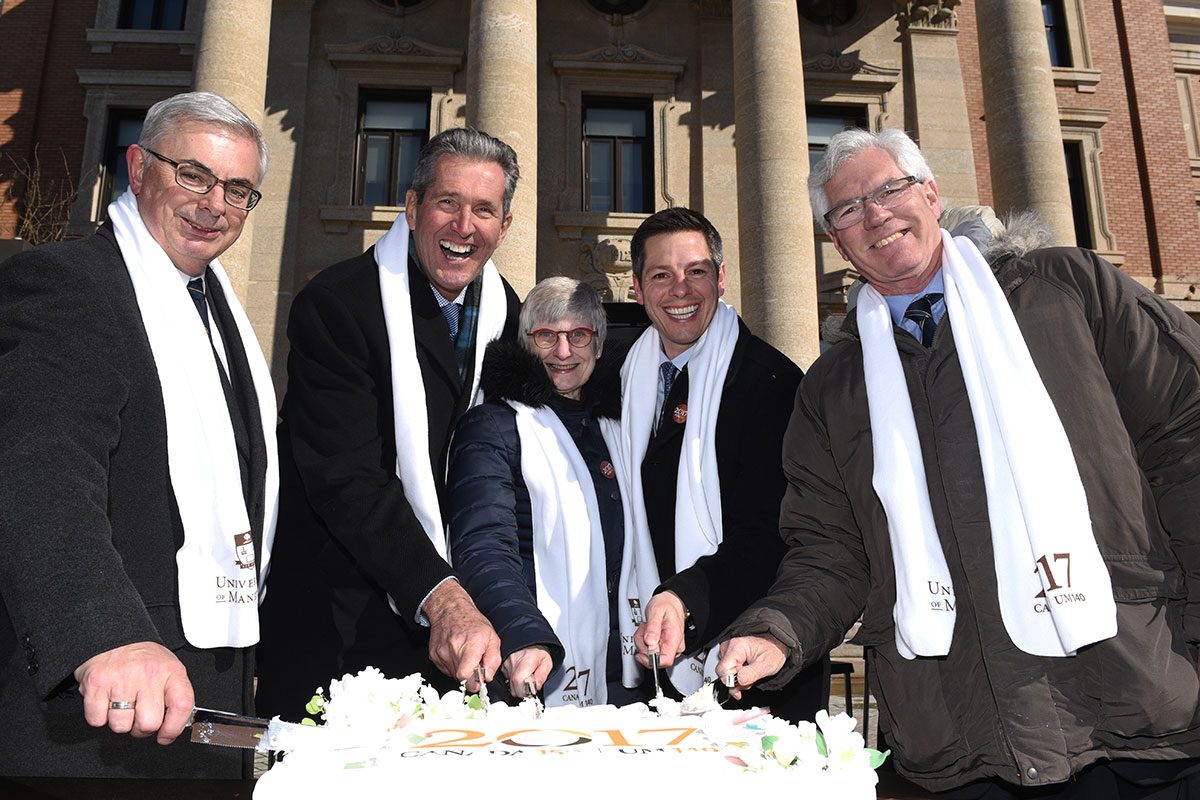 (L-R) President David Barnard, Premier Brian Pallister, Senator Patricia Bovey, Mayor Brian Bowman and Minister of Natural Resources Jim Carr at the 140th anniversary celebration.