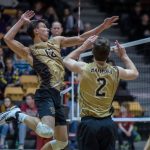 MANITOBA BISON VOLLEYBALL'S DUSTIN SPIRING and LUKE HERR. THE BISON MEN ARE CURRENTLY RANKED #1 IN CANADA IN USPORTS // PHOTO BY JEFF MILLER