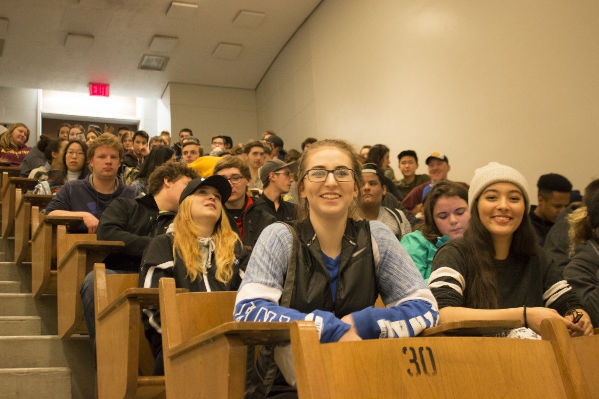 High school students at the U of M's Open House wait for the Chemistry Magic Show to begin