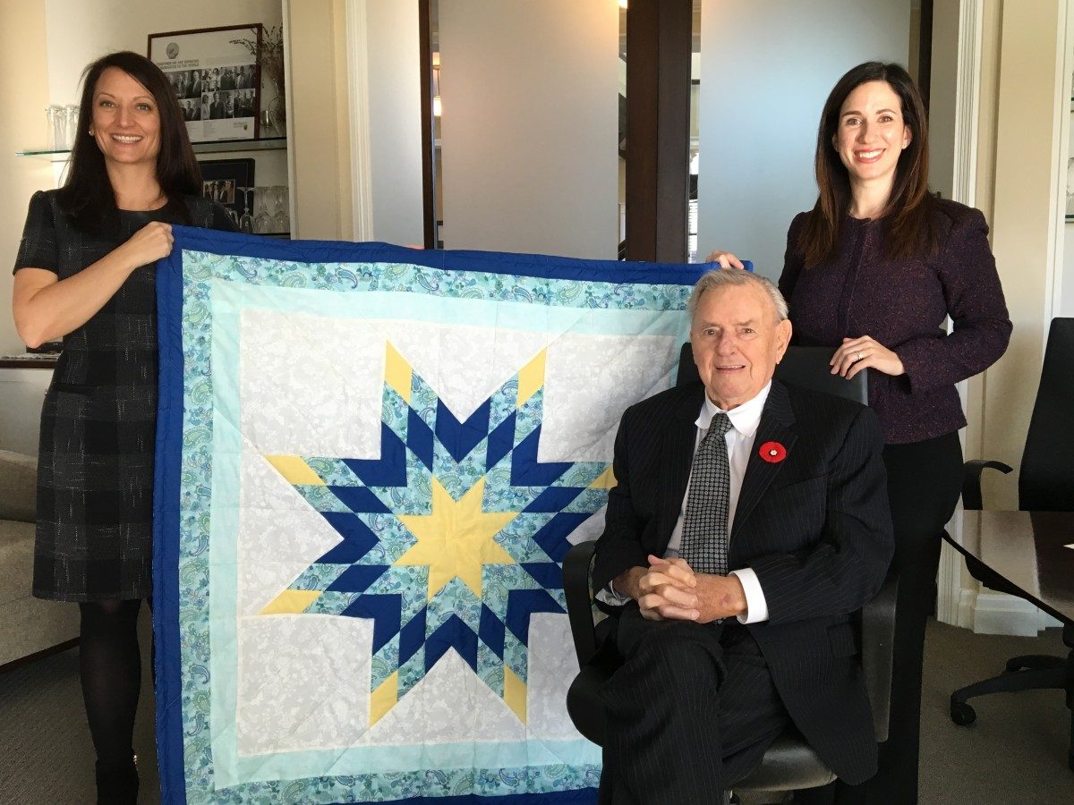 To thank The Joyce Family Foundation for their support of youth in care, the University of Manitoba gifted Mr. Ron Joyce a star blanket when they met in November 2016. This blanket represents a gift that is practical and yet wraps the receiver in the spirit and love of the giver. The U of M thanks The Joyce Family Foundation for its transformative support of Youth in Care Tuition Grants, which will help youth in care to succeed at the post-secondary level.