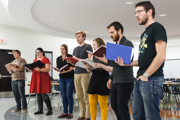 U of M Opera Theatre students rehearse. Jayne Hammond and John Anderson (third and fourth from left) play Susanna and Figaro in the Marriage of Figaro scene // Photo courtesy: Desautels Faculty of Music