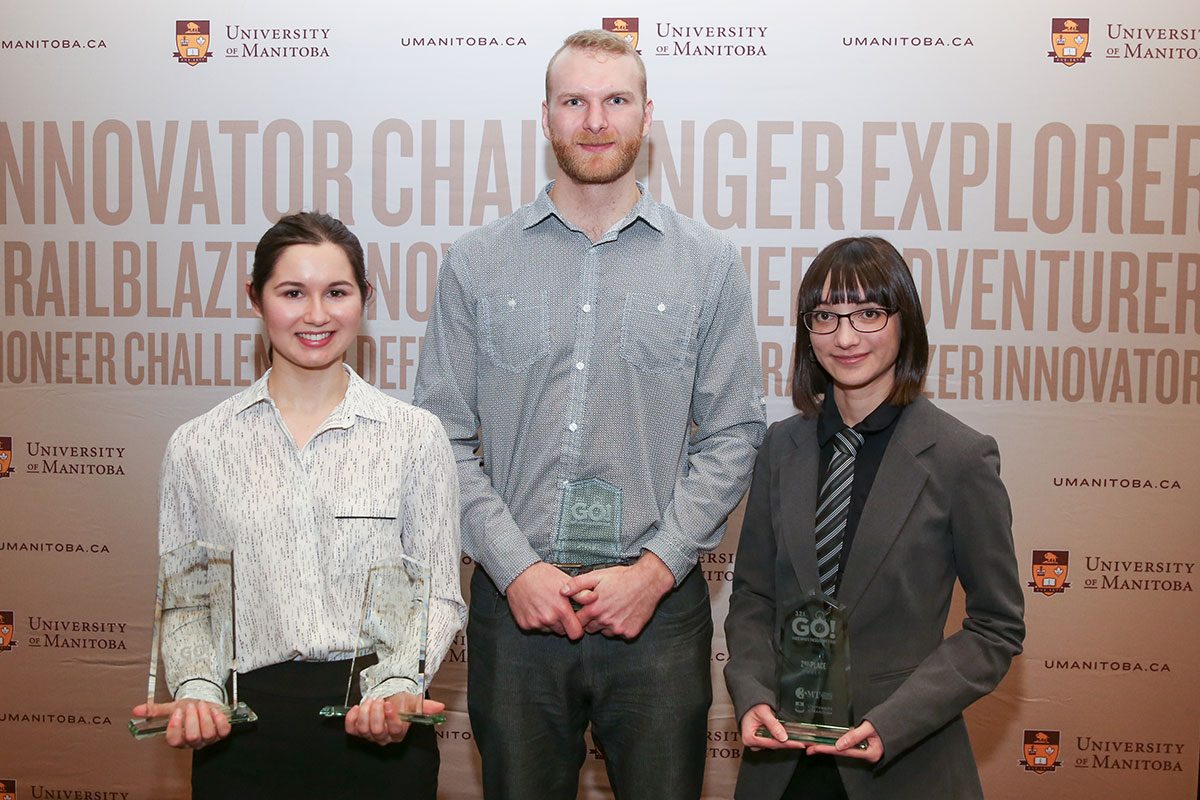 (L-R) Rachel Nickel (winner of People's Choice and Dr. Archie McNicol Prize), Colin Graydon (winner of Third Place Prize), and Alexandra Ciapala (Second Place Prize) at the Three Minute Thesis final on March 8, 2017. // Photo by Mike Latschislaw