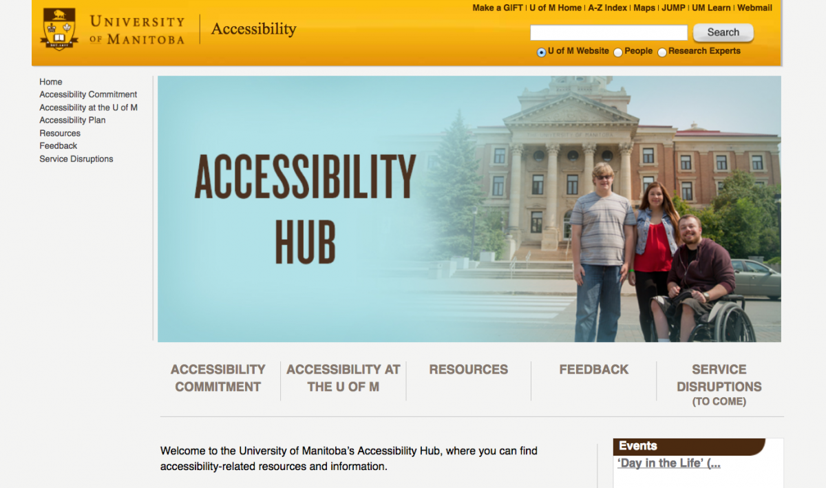 A screen shot of the University of Manitoba's online Accessibility Hub.