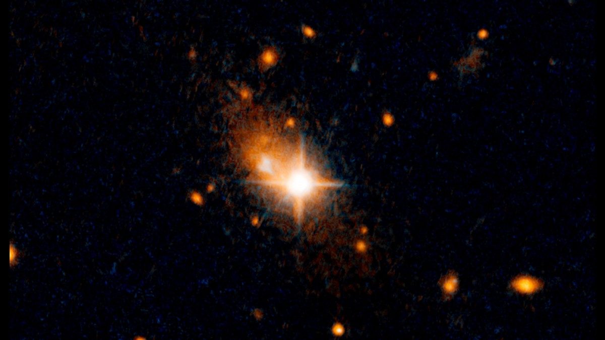 This image, taken by NASA's Hubble Space Telescope, reveals an unusual sight: a runaway quasar fleeing from its galaxy's central hub. A quasar is the visible, energetic signature of a black hole. Black holes cannot be observed directly, but they are the energy source at the heart of quasars — intense, compact gushers of radiation that can outshine an entire galaxy. Credits: NASA, ESA, and M. Chiaberge (STScI and JHU)