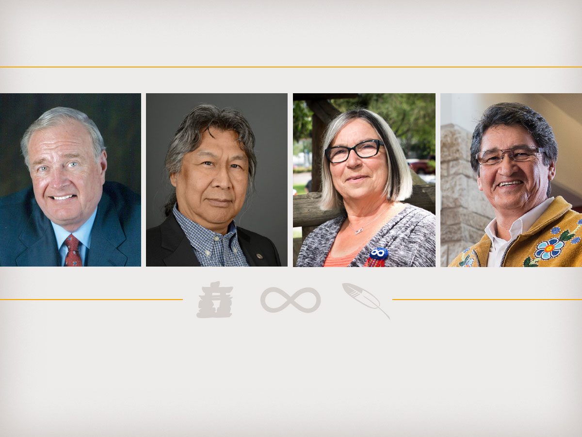 (L-R) The Right Honourable Paul Martin, Stephen Kakfwi, president and CEO of Canadians for a New Partnership, Audrey Poitras, president of the Métis Nation of Alberta and former National Chief for the Assembly of First Nations and U of M alumnus, Ovide Mercredi.