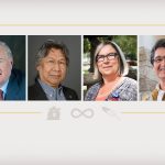 (L-R) The Right Honourable Paul Martin, Stephen Kakfwi, president and CEO of Canadians for a New Partnership, Audrey Poitras, president of the Métis Nation of Alberta and former National Chief for the Assembly of First Nations and U of M alumnus, Ovide Mercredi.