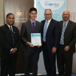 (L-R) Digvir Jayas, Vice-President (Research and International); Justin Lin (1st place SBC Manitoba winner); Robert Lee (Sanofi Canada); Brent Peltola (Partners in Research).