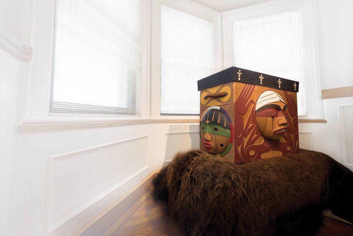 The Bentwood Box sits in a sunny alcove overlooking the Red River and easily commands the attention of the room, as it has done throughout the emotional journey that brought it here.
