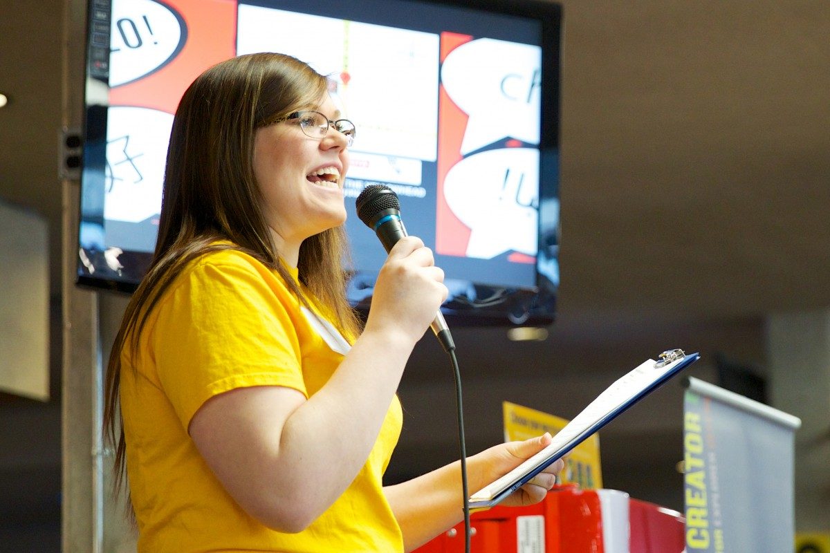 Meghan Payment as Student Emcee during 2015 Info Days.