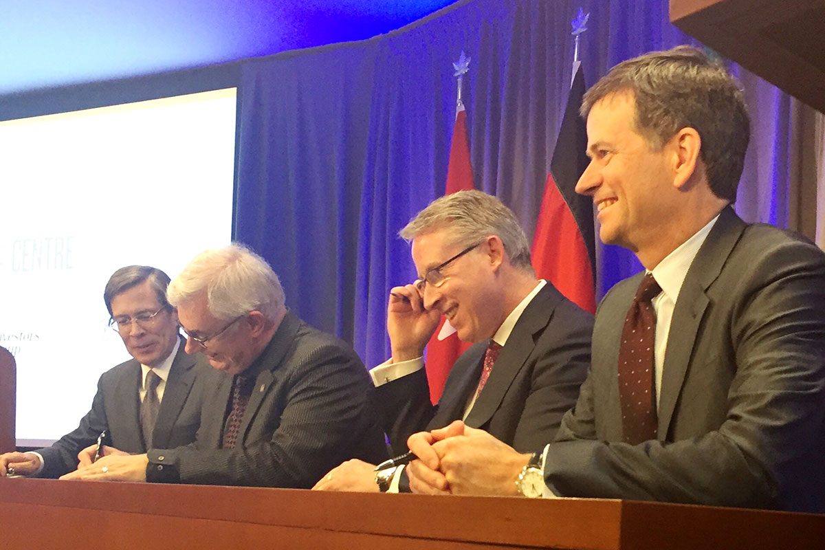 (L-R) R. Jeffrey Orr, member of Power Corporation’s Board of Directors and President and CEO of Power Financial, David Barnard, president of U of M, Paul Mahon, President and CEO of Great-West Lifeco, and Jeff Carney, President and CEO of IGM Financial.