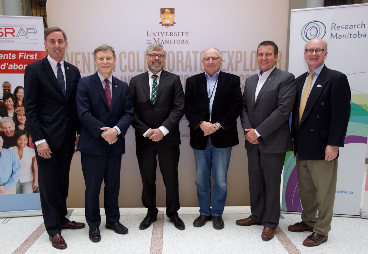 (L-R) U of M Associate Vice-President (Partnerships) Jay Doering, MP Terry Duguid, Dr. Terry Klassen, Rady Faculty of Health Sciences Dean & Vice-Provost Brian Postl, Manitoba Minister of Growth, Enterprise and Trade Cliff Cullen and President & CEO of the Children’s Hospital Foundation of Manitoba Lawrence Prout at the SPOR announcement on June 16, 2017.