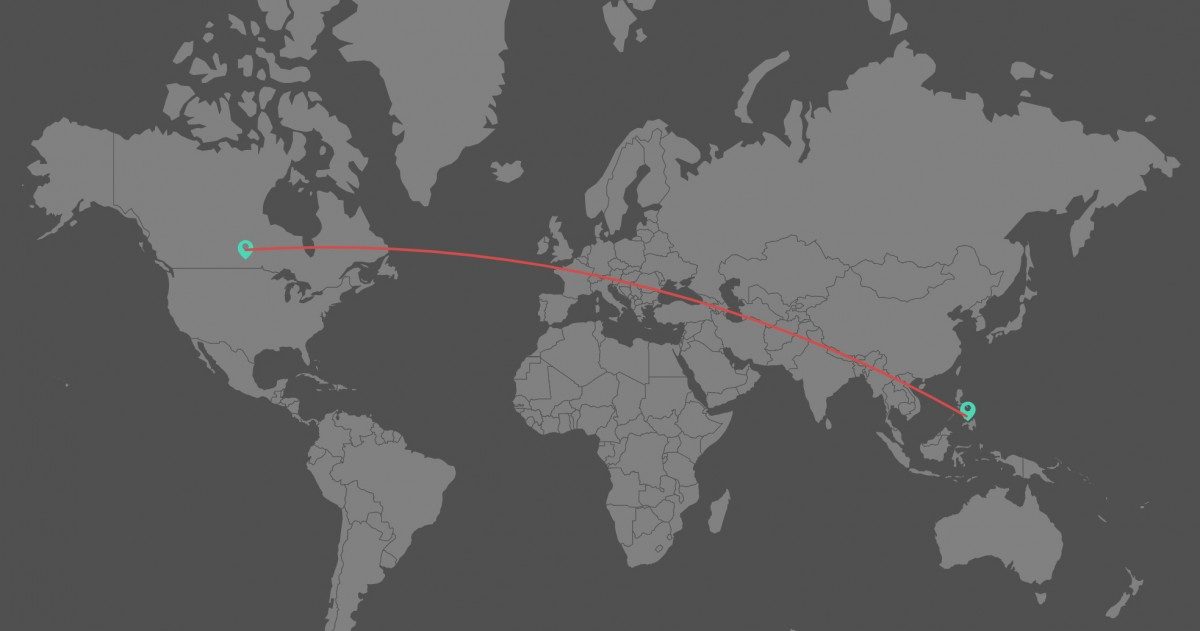 a map showing a line from the Philippines to Winnipeg