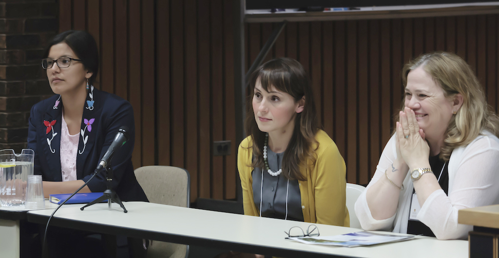 Law student Rayanna Seymour and professors Katherine Starzyk and Karen Busby (left to right) are studying which strategies work best when advocating for drinking water rights. (Photo by Victoria Grima.)