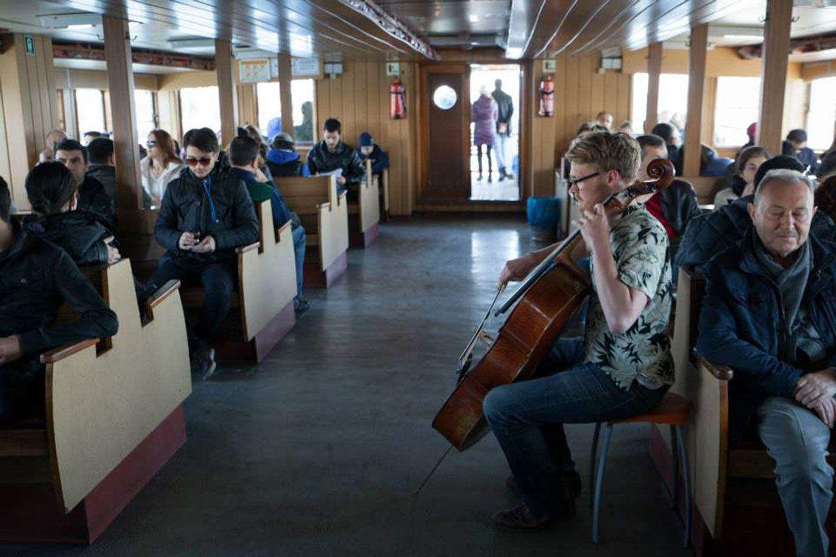 Jari Piper performs on one of Istanbul's ferries.