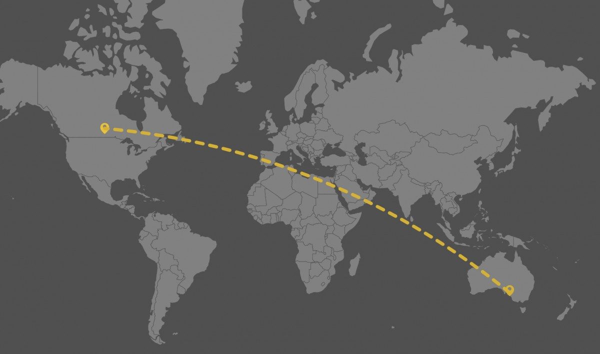 map showing route between Winnipeg and Adelaide